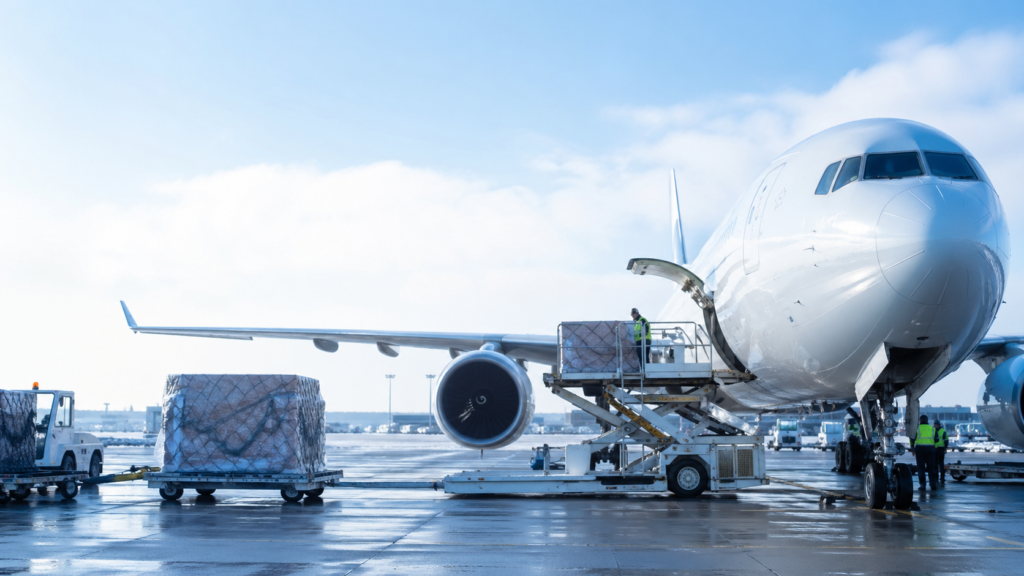 Wide-body airplane at a gate with cargo pallets on a loader, ground crew loading bags beside the aircraft.