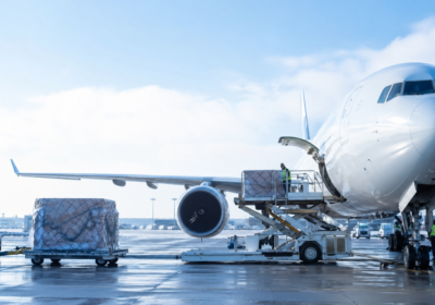 Wide-body airplane at a gate with cargo pallets on a loader, ground crew loading bags beside the aircraft.