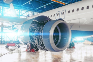 Close up of aircraft engine for aviation fuel efficiency and maintenance