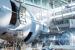 Aircraft preventive maintenance inspection inside aviation hangar