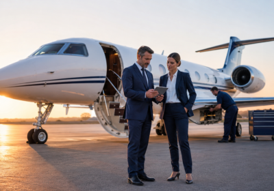Executive aviation professionals discussing IS-BAO safety standards