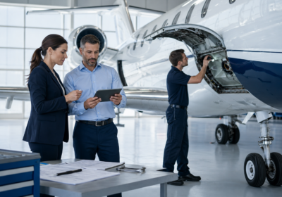 Two business professionals review a tablet as a technician works on a private jet's open engine in a bright hangar.