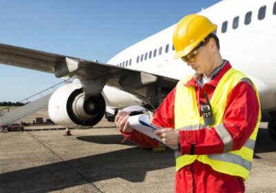 Maintenance technician in a yellow vest and hard hat inspecting an airplane on the tarmac, holding a clipboard and notepad in hand