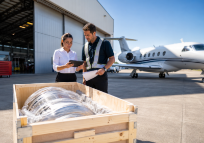 Two aviation workers review documents and a tablet beside a crate holding jet engine parts at an airport hangar.